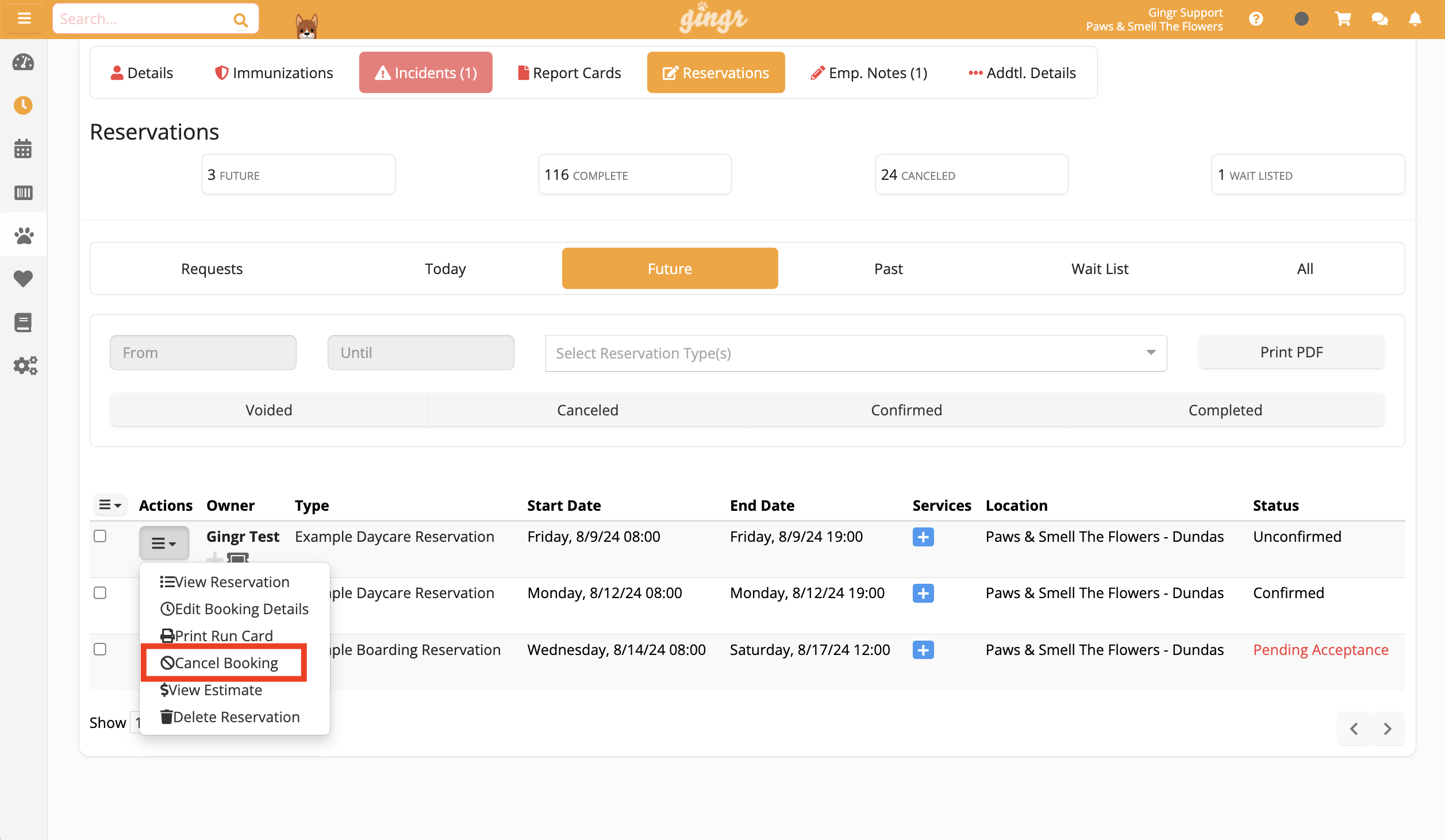 Reservation management interface screenshot.