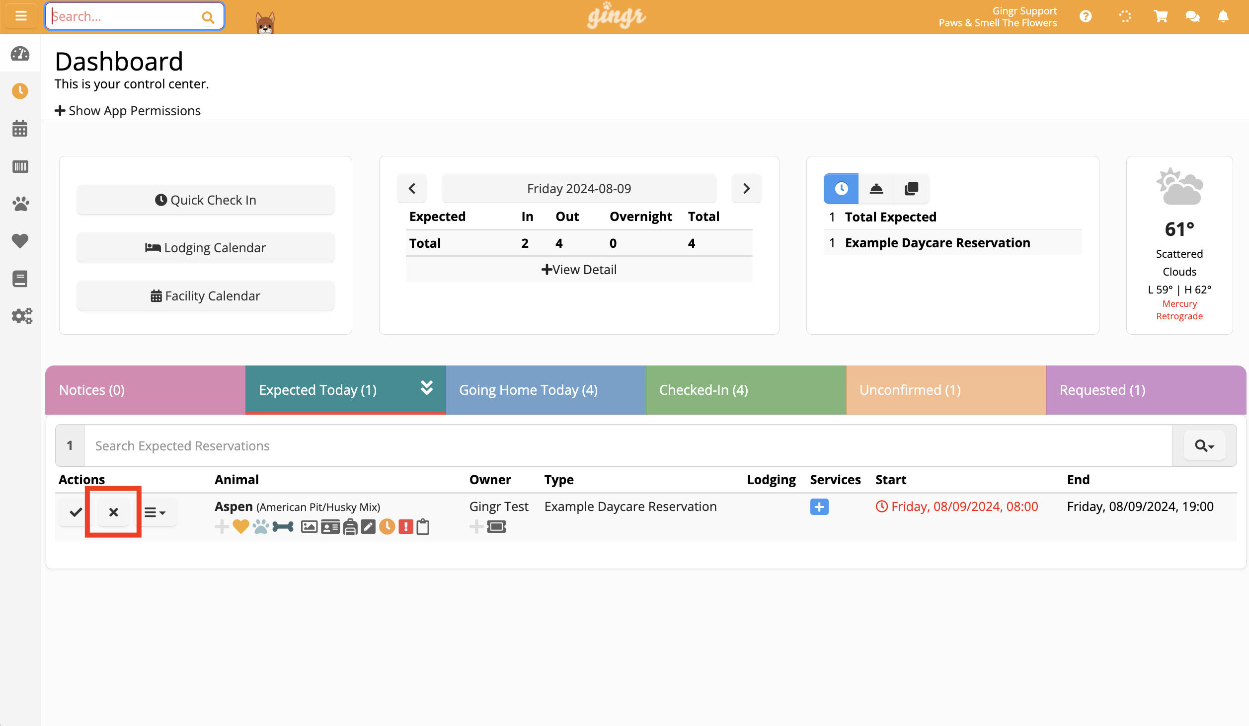 Dashboard with reservation details
