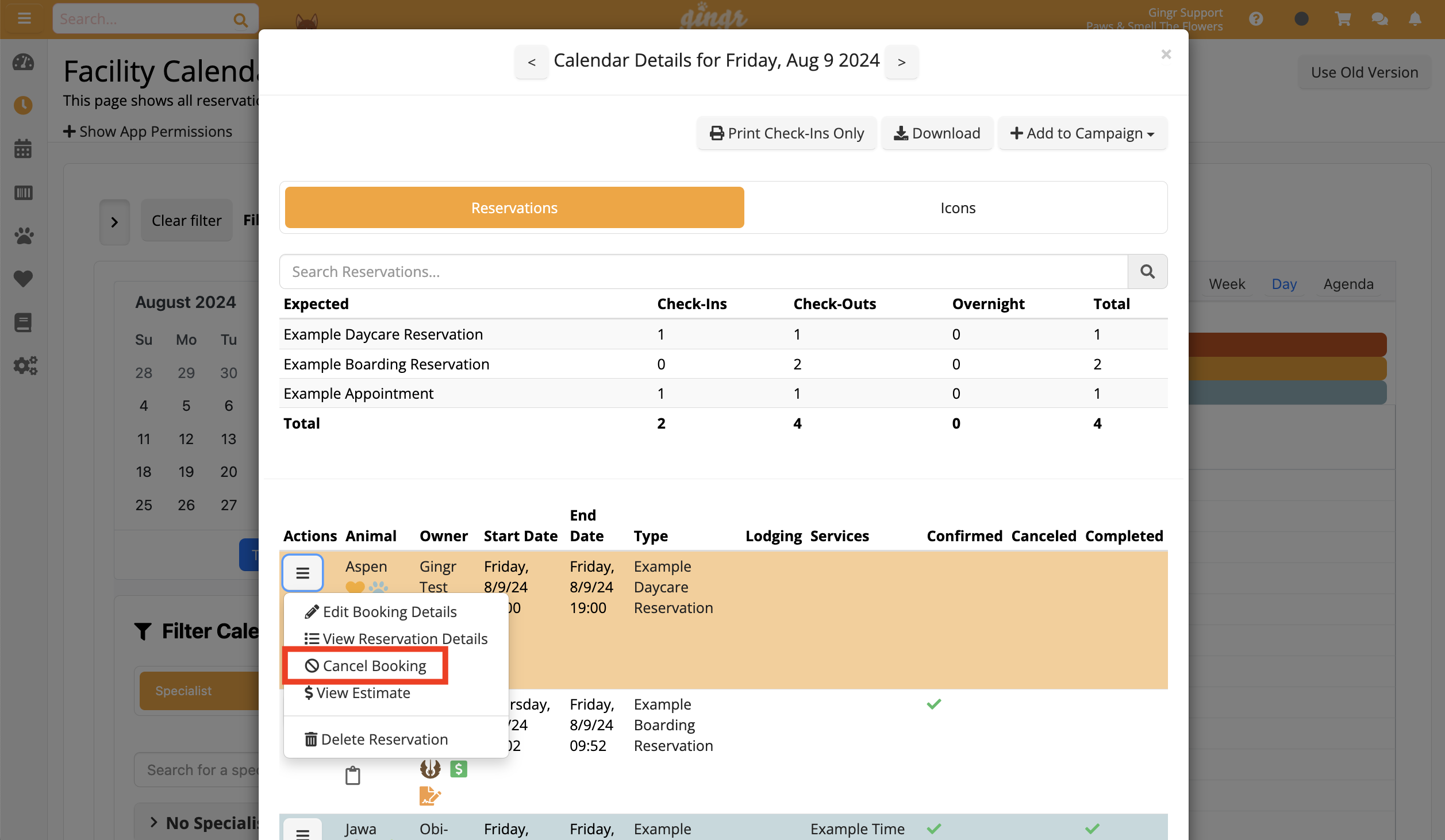 Reservation details with cancel option highlighted.