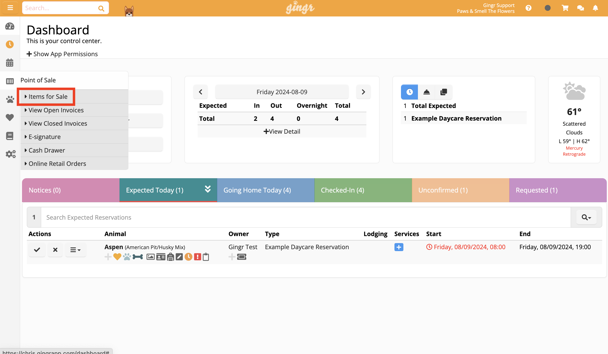 Dashboard with daycare reservation details.