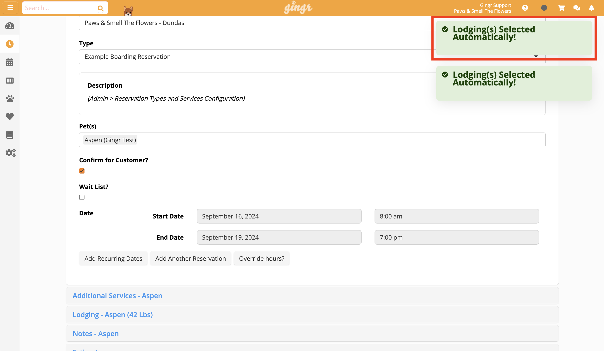 Boarding reservation form with auto-selected lodging.