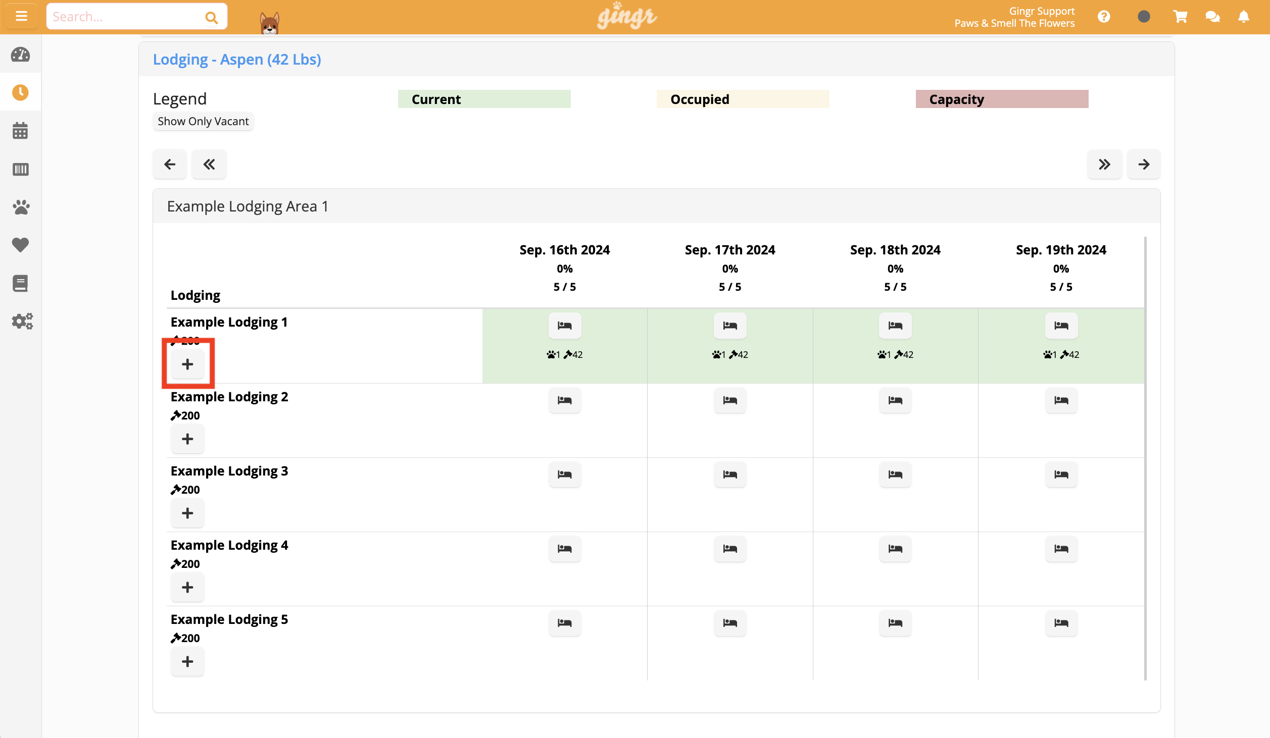 Lodging schedule with availability details.