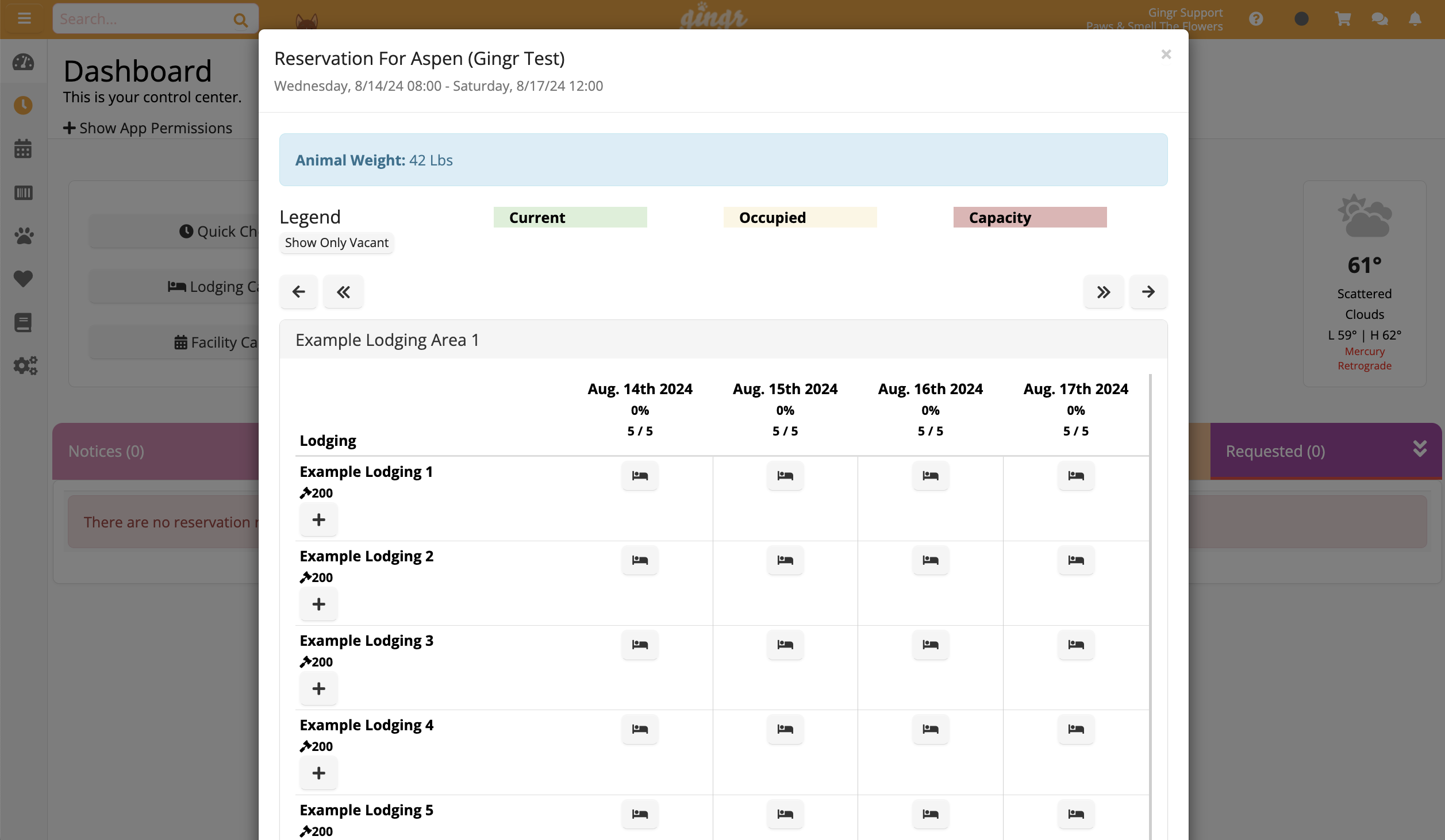 Reservation dashboard with lodging details.