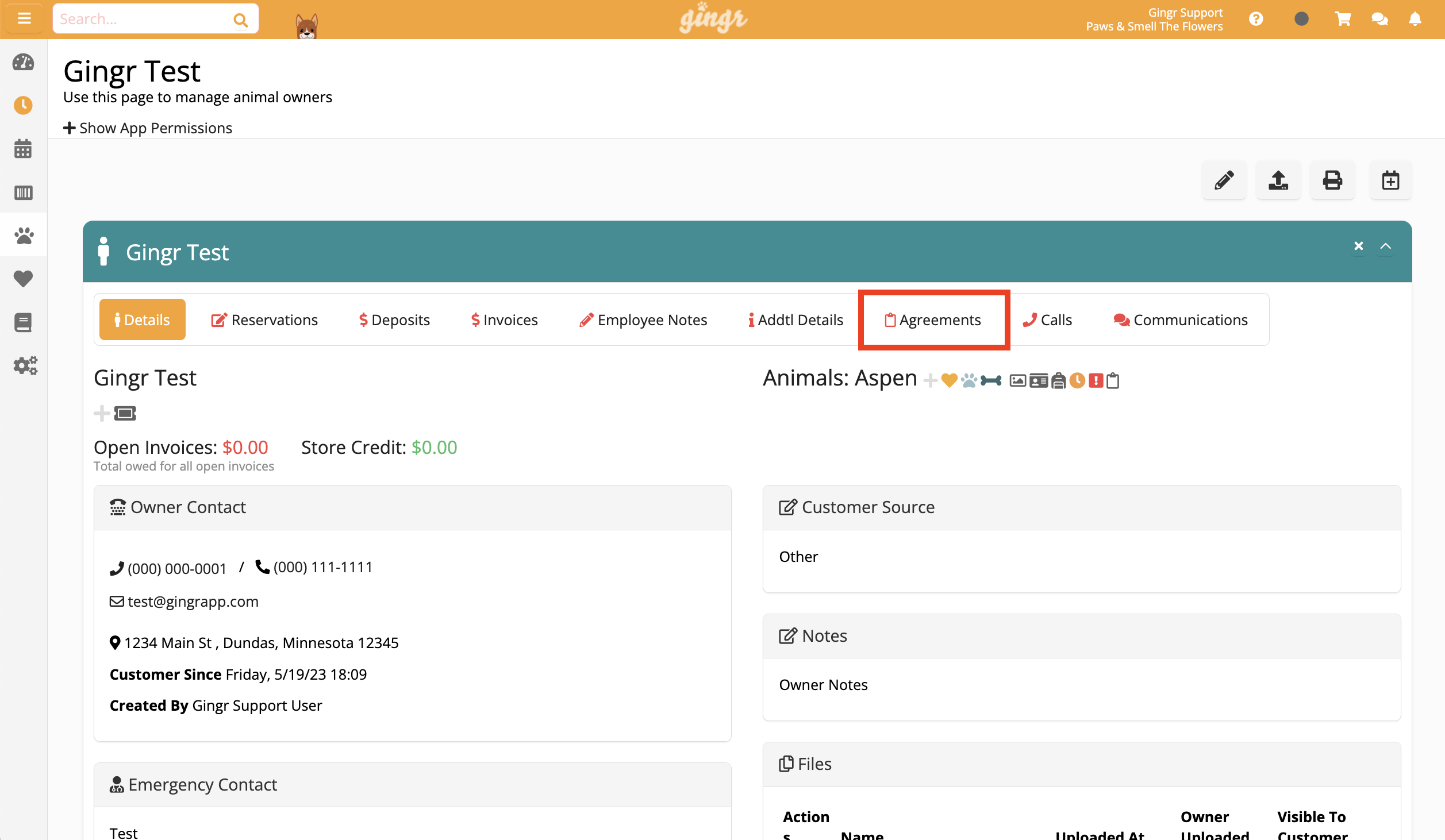 Dashboard with tabs and contact details.