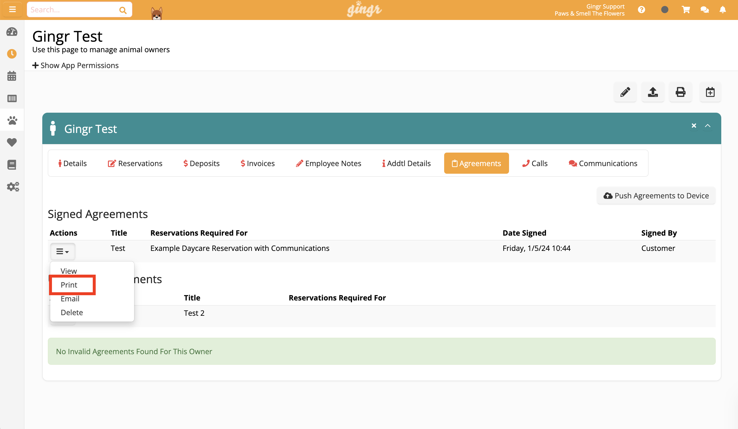 Signed agreements page with print option highlighted.