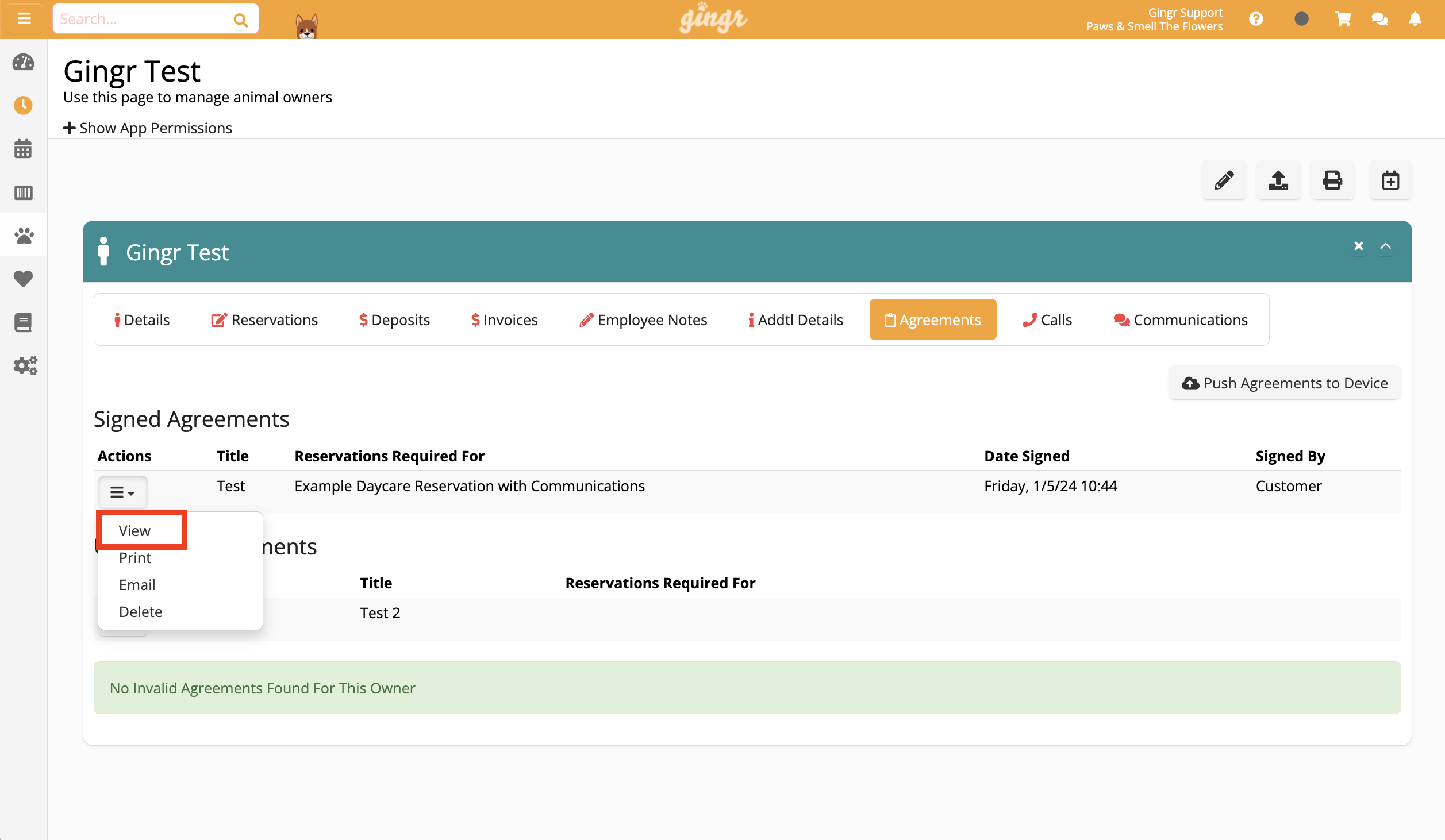 Signed agreements page with dropdown menu.