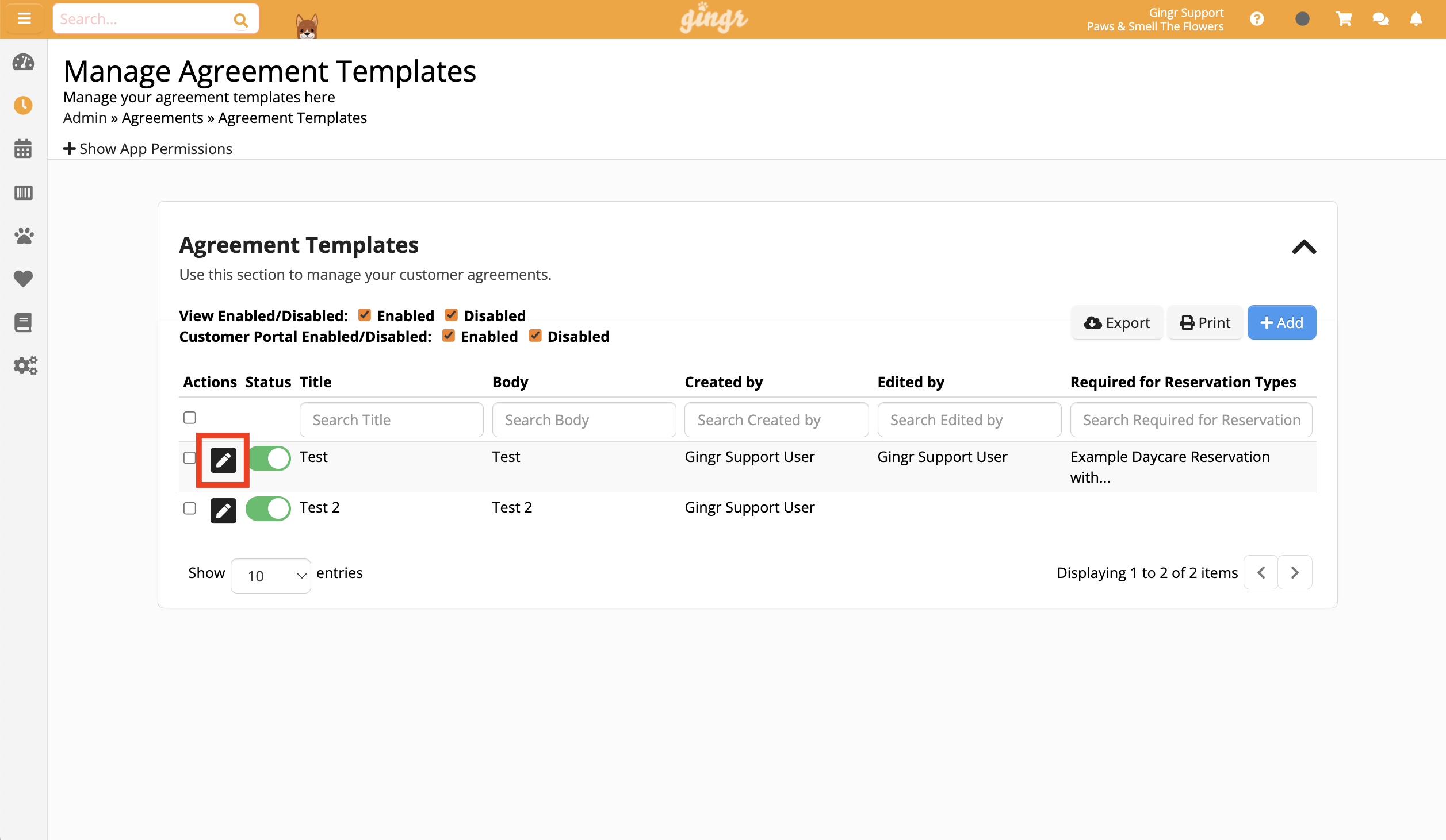 Manage Agreement Templates interface