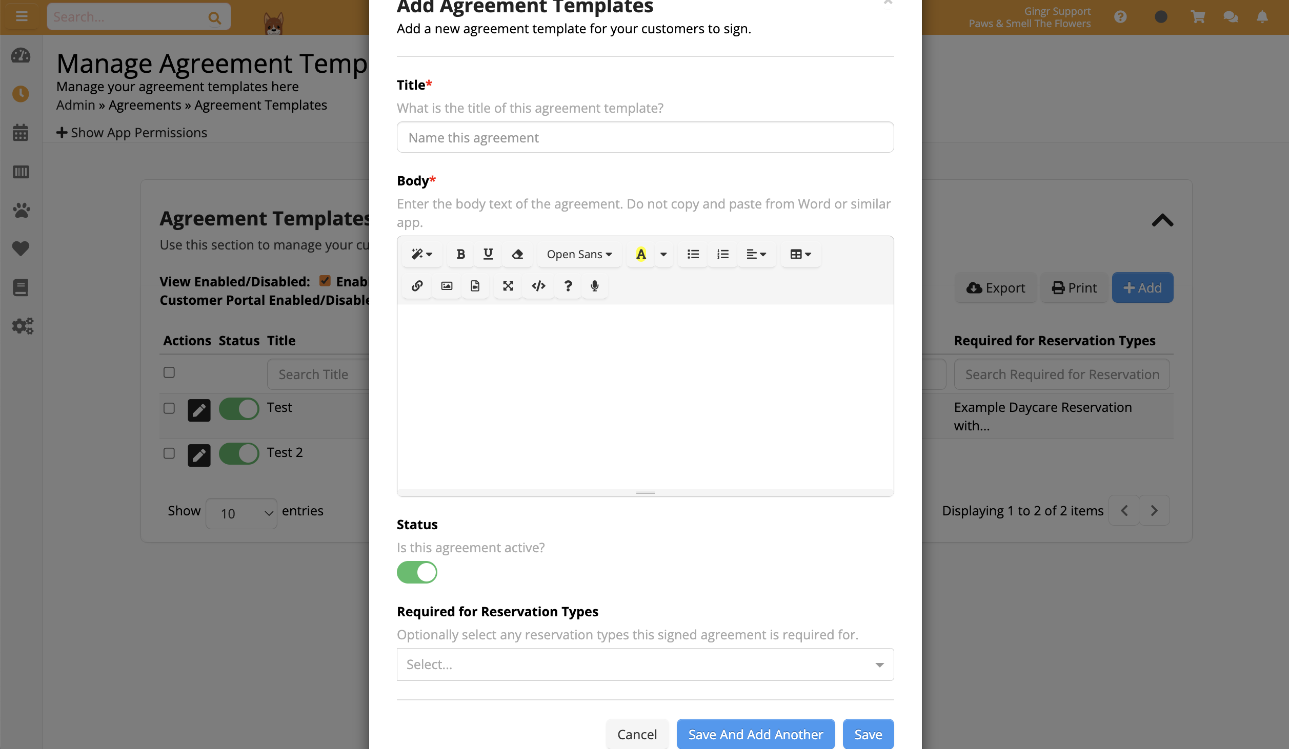 Add Agreement Templates form interface
