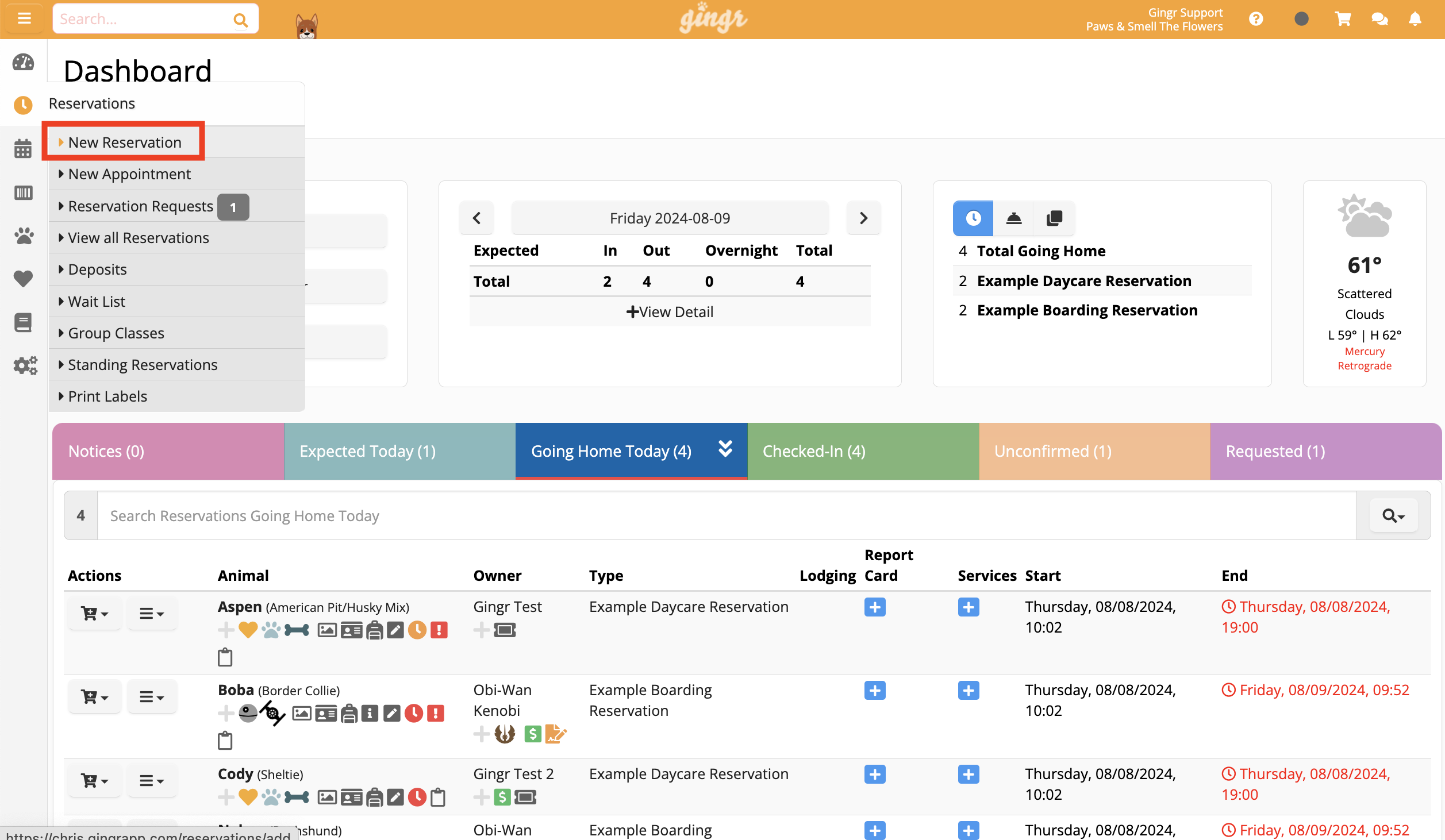 Dashboard with reservation details
