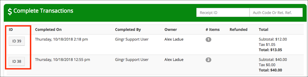 Transaction list with details and totals.