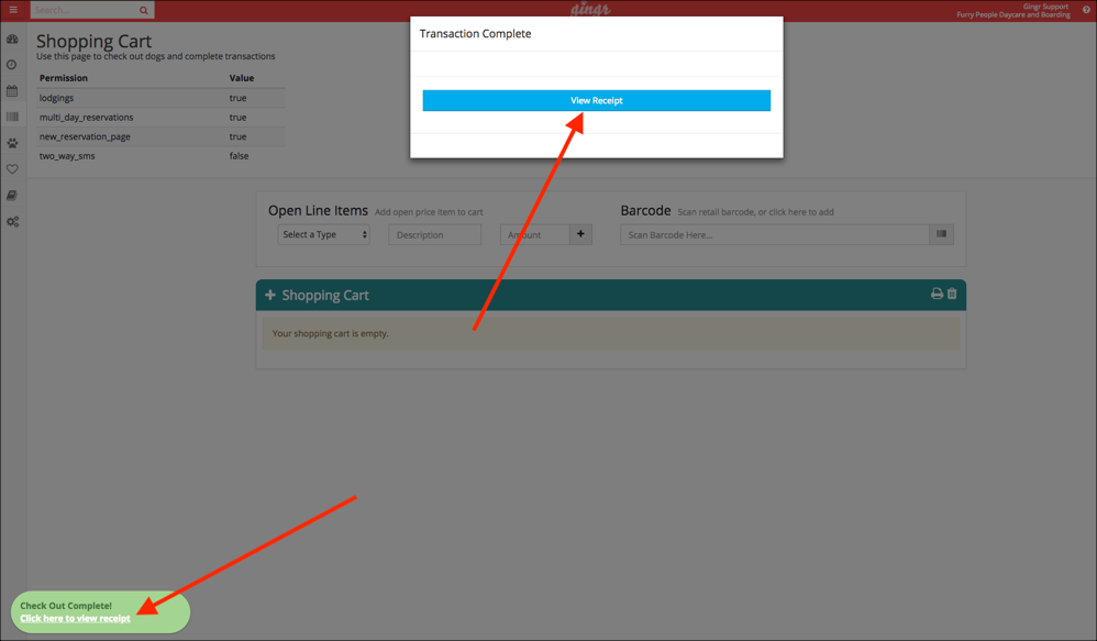 Transaction complete, view receipt option.