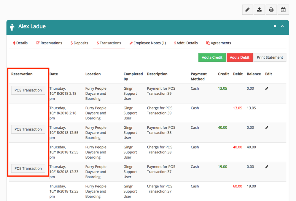 Transaction list with payment details