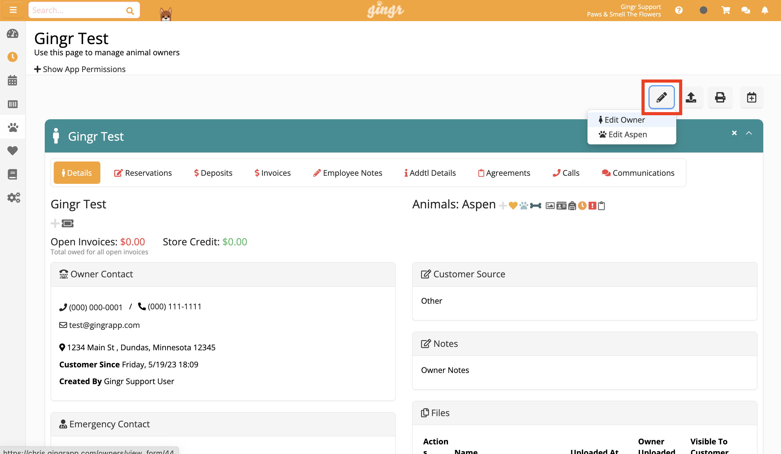Animal owner management page interface.