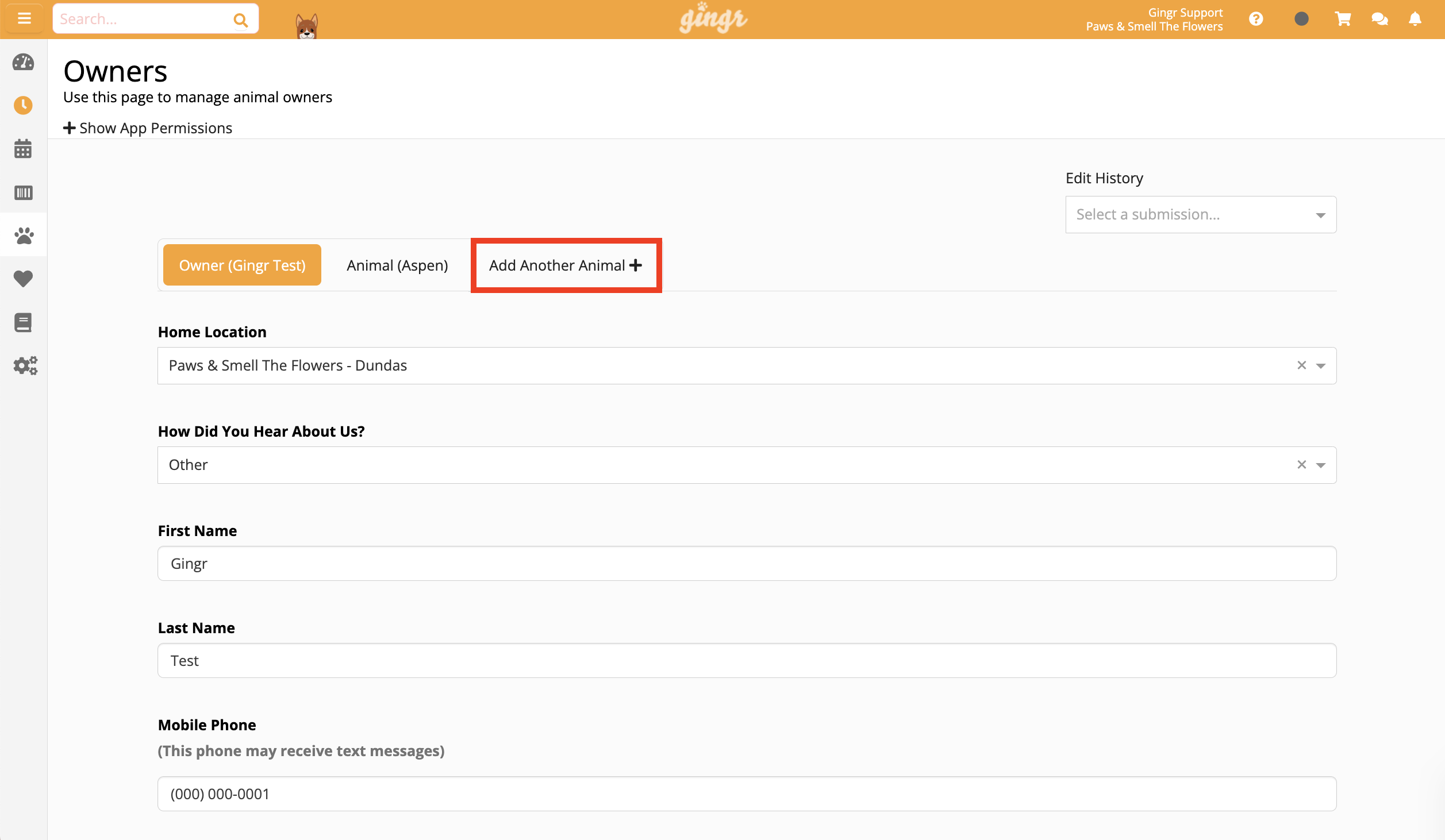 Animal owner management page interface.