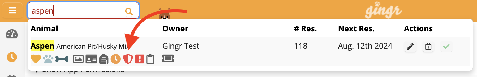 Search result for 'Aspen' in pet database.