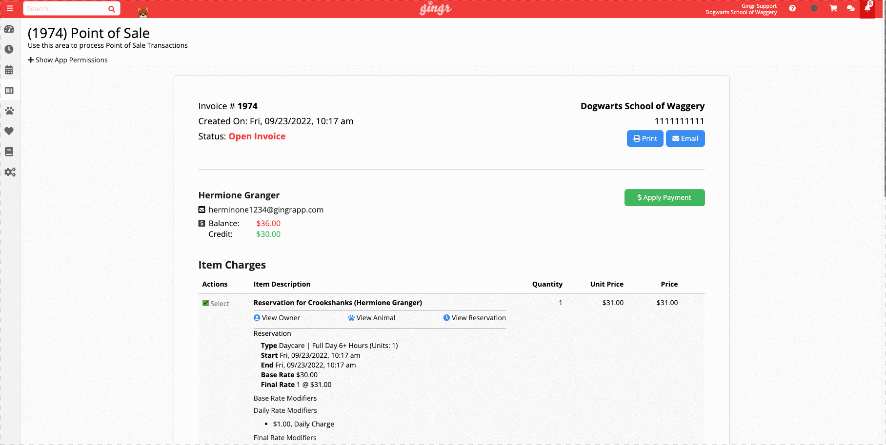 Invoice screen with item charges listed.