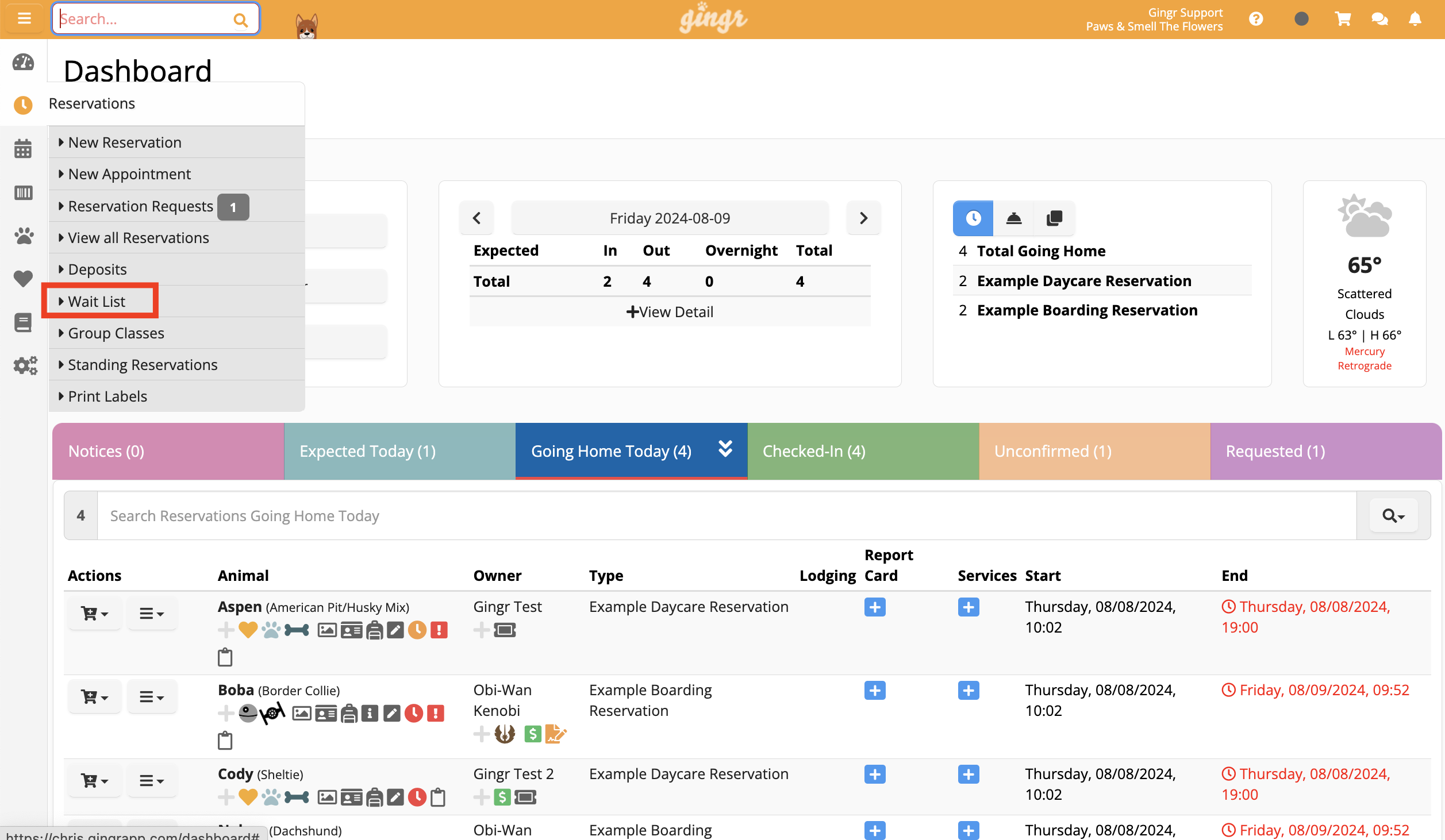 Dashboard with reservation details