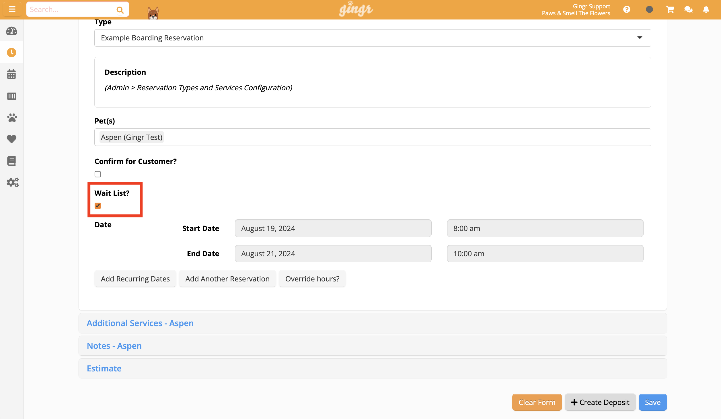 Reservation form with waitlist option checked.