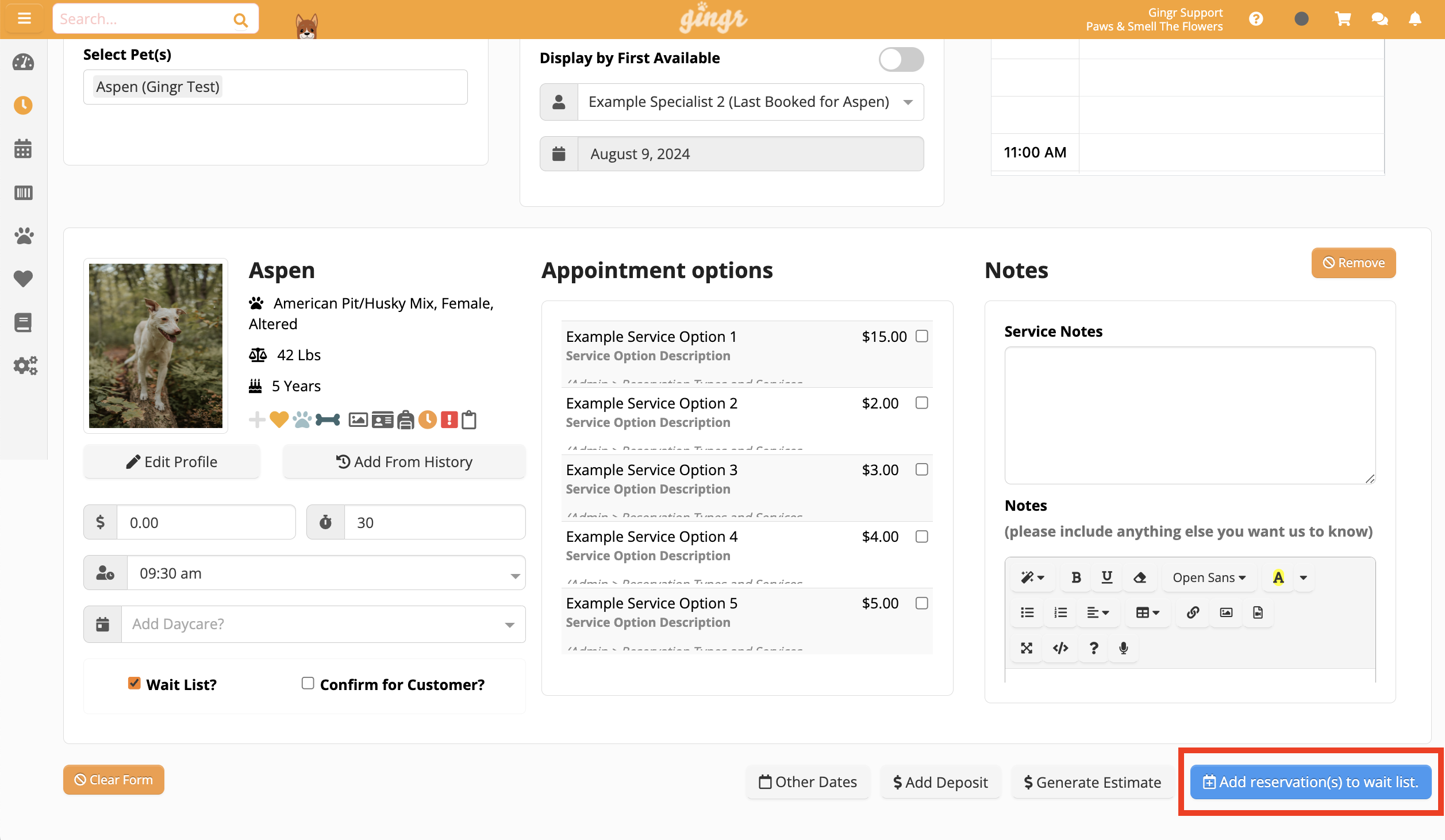 Pet profile and appointment options interface.