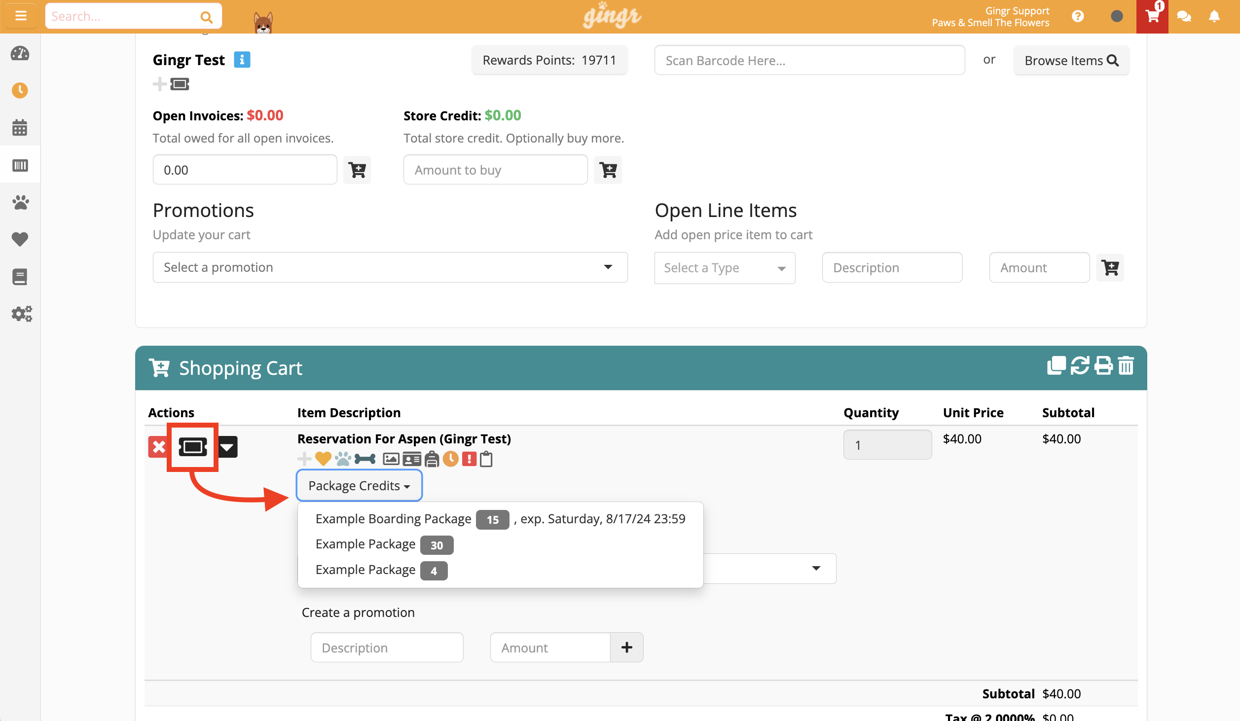 Shopping cart with package credits dropdown.
