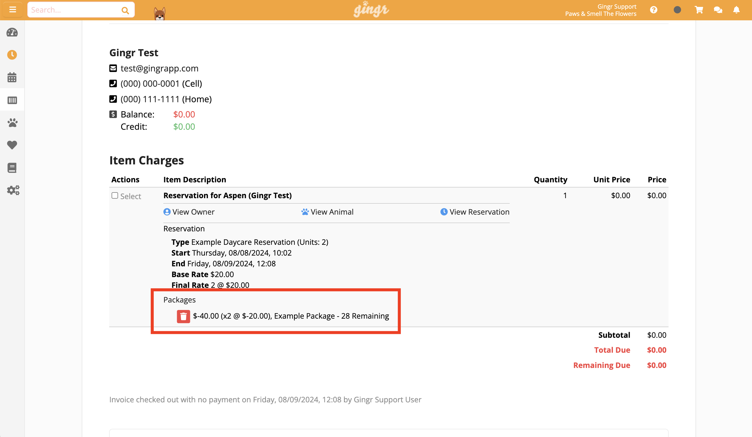 Reservation details for Aspen at Gingr Test.