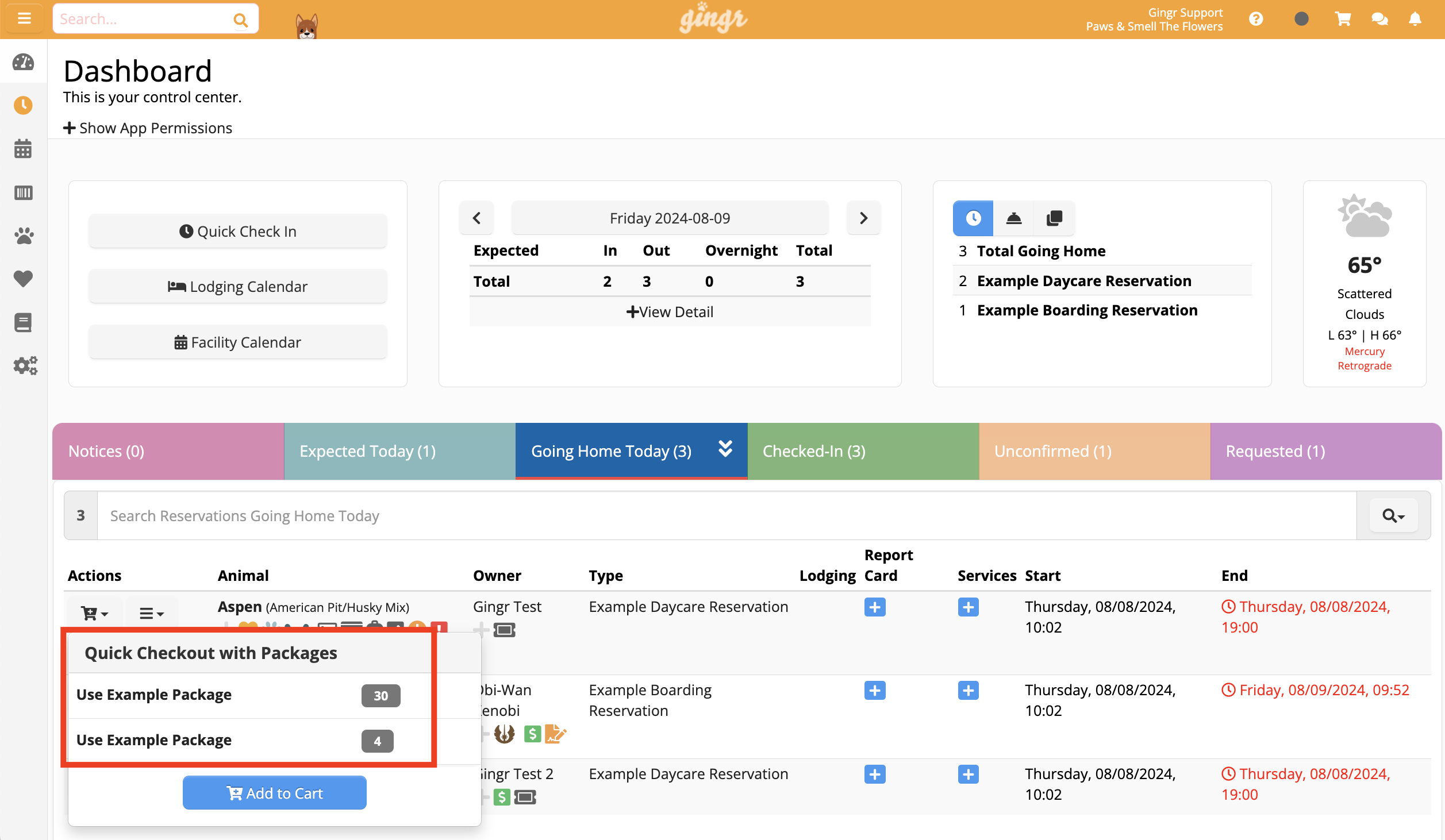 Dashboard with reservation details