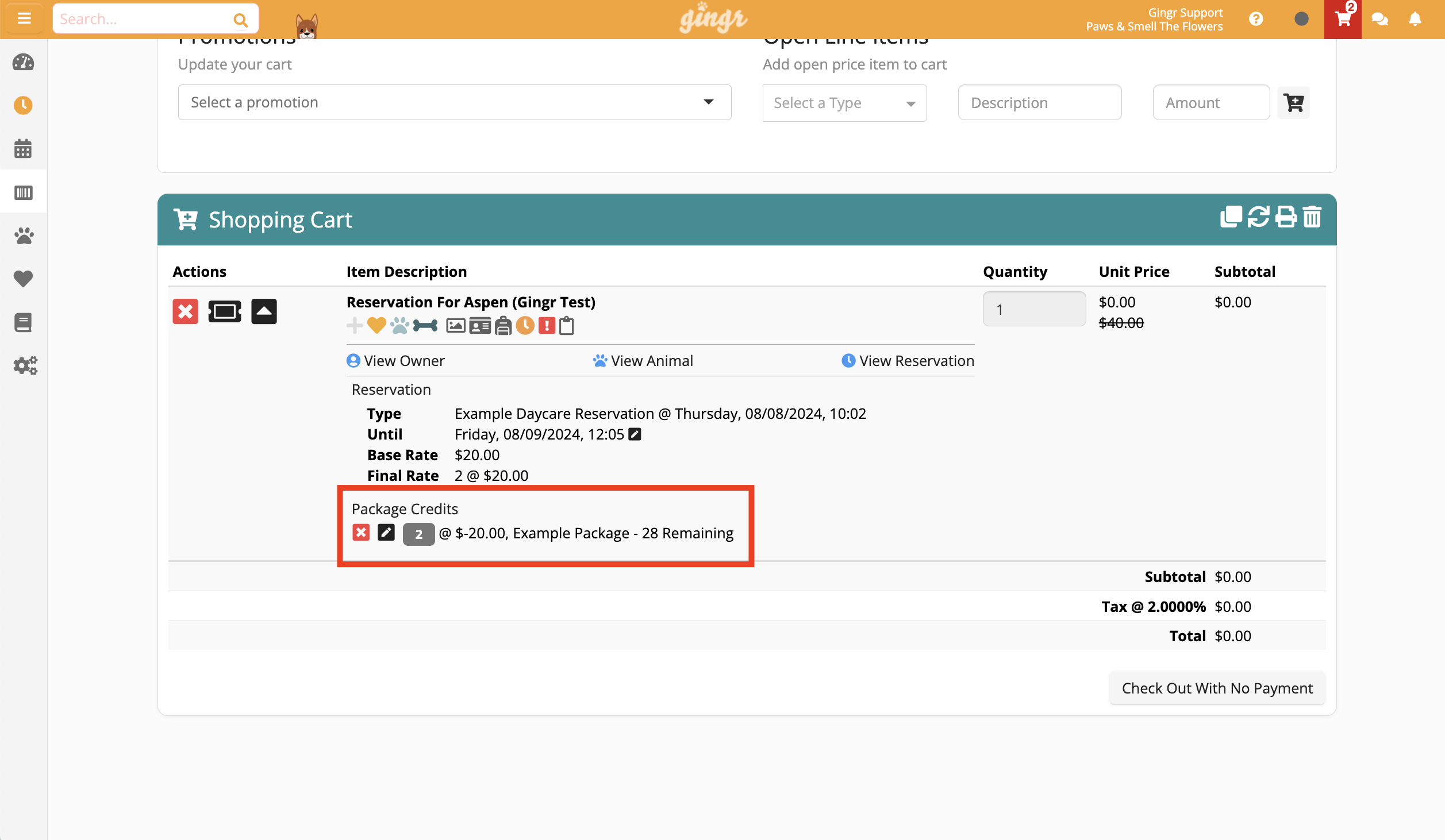 Shopping cart with reservation details