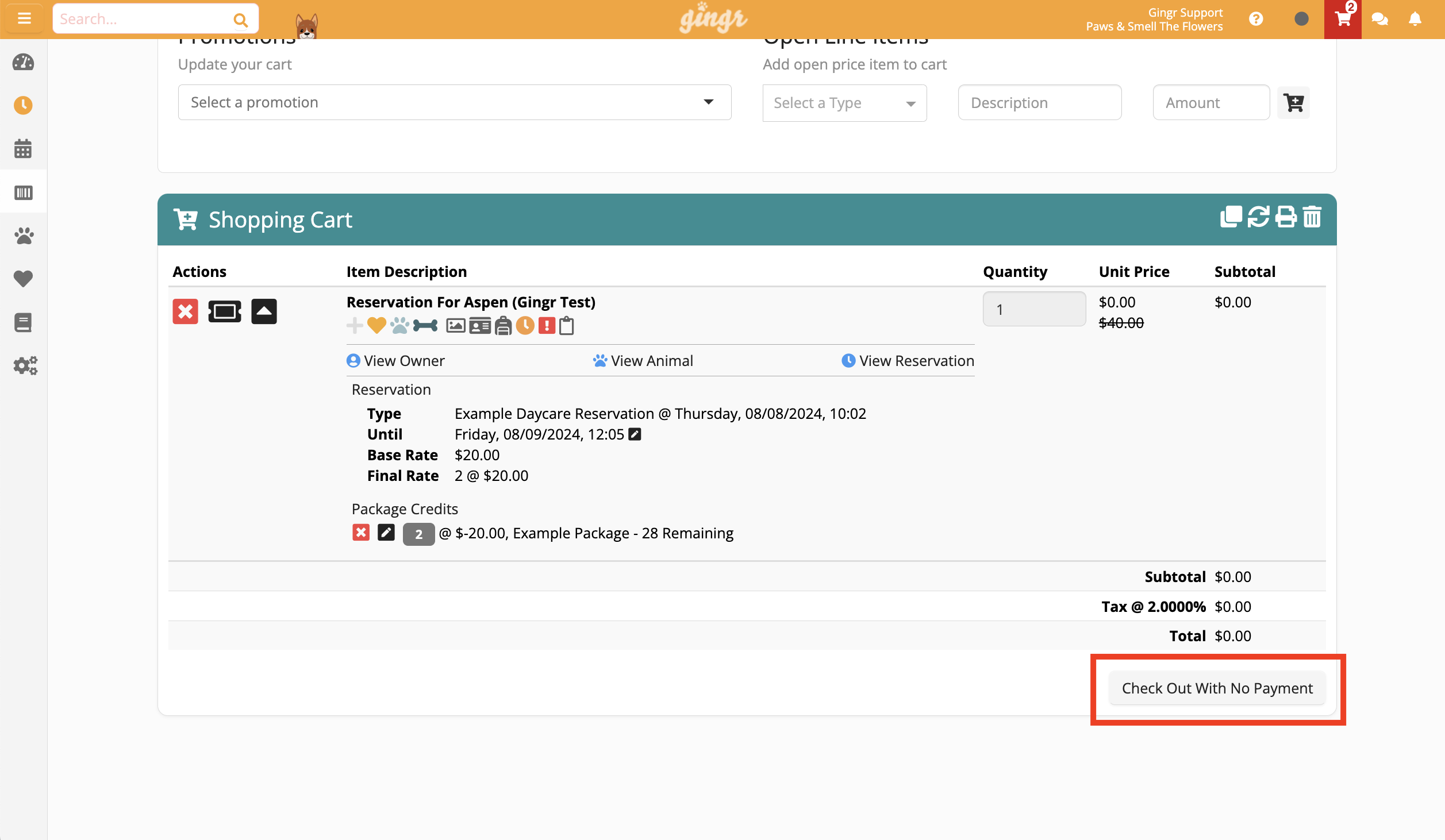 Shopping cart with reservation details.
