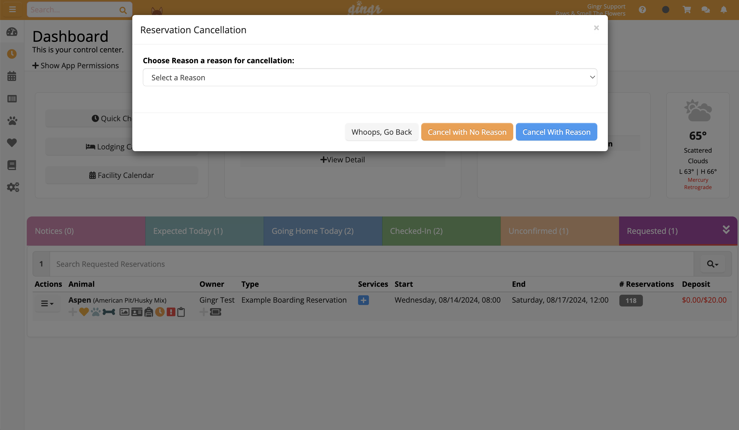 Reservation cancellation dialog box