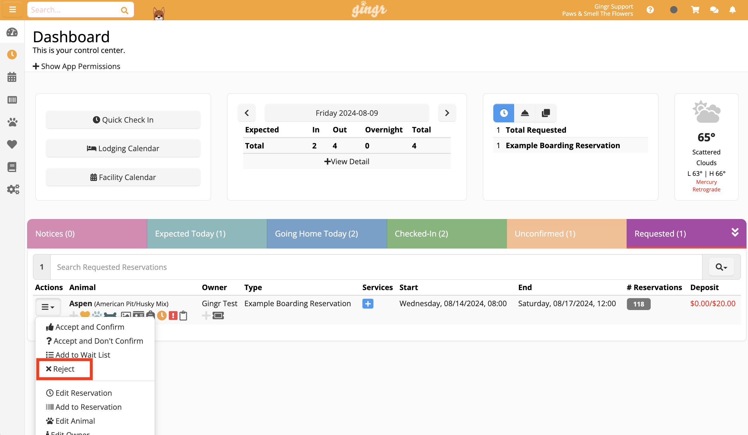 Dashboard with reservation details