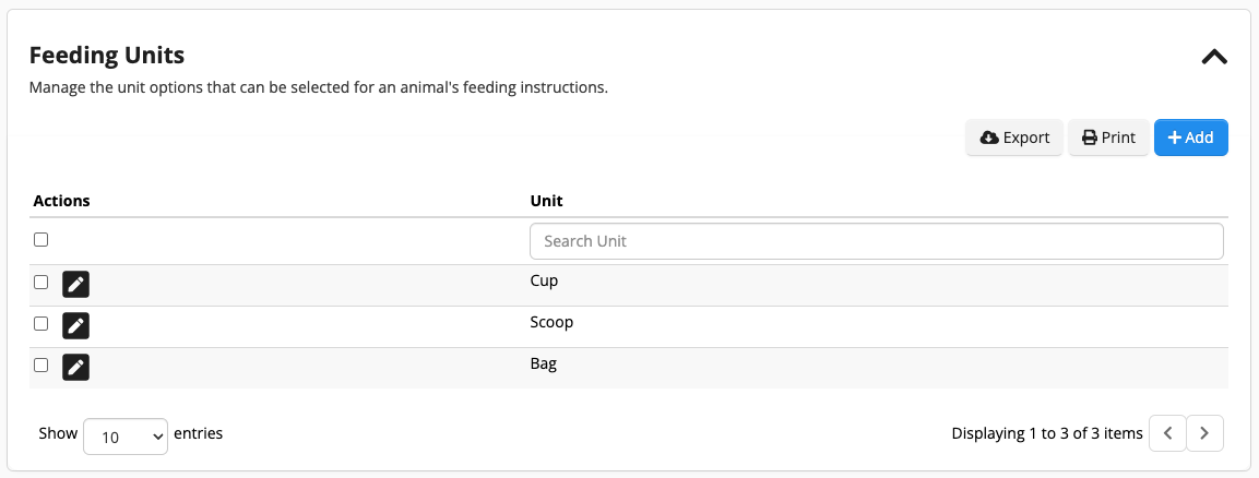 Feeding units management table interface.