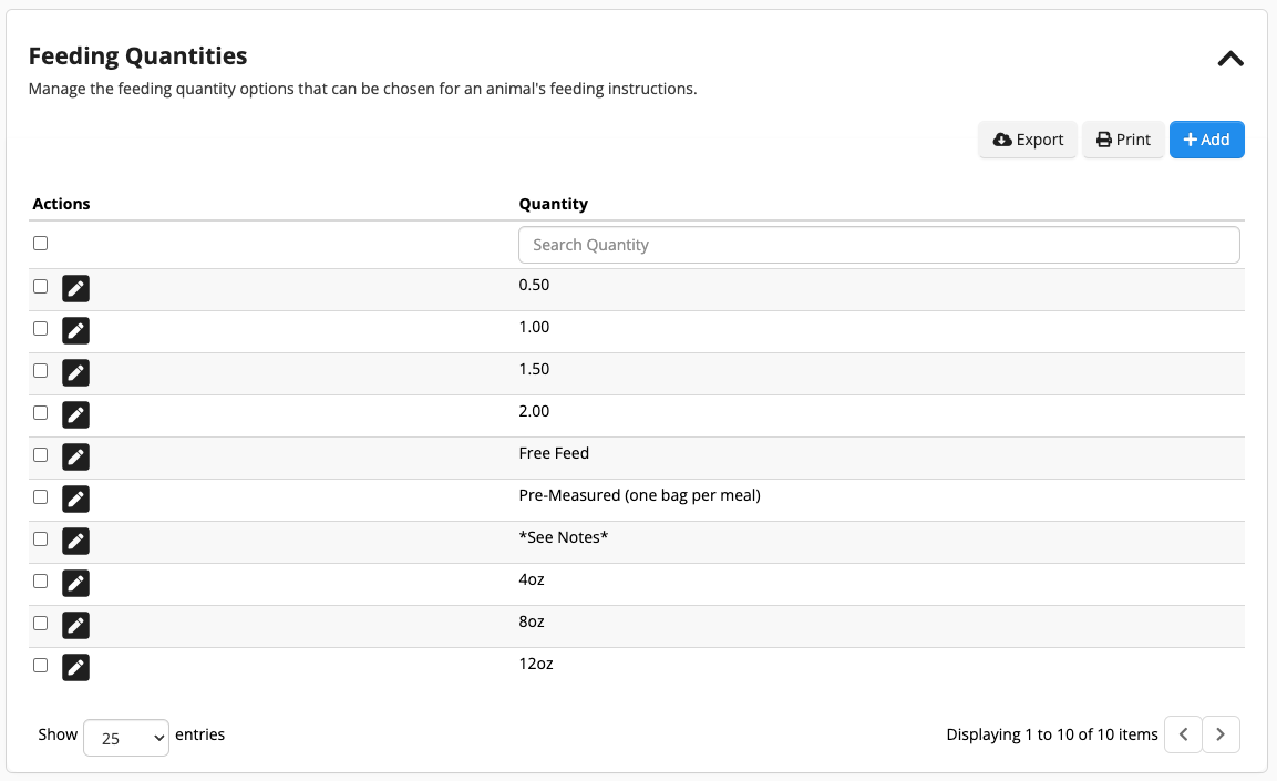 Animal feeding quantity options list