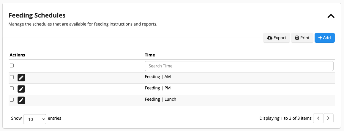 Feeding schedule management table.