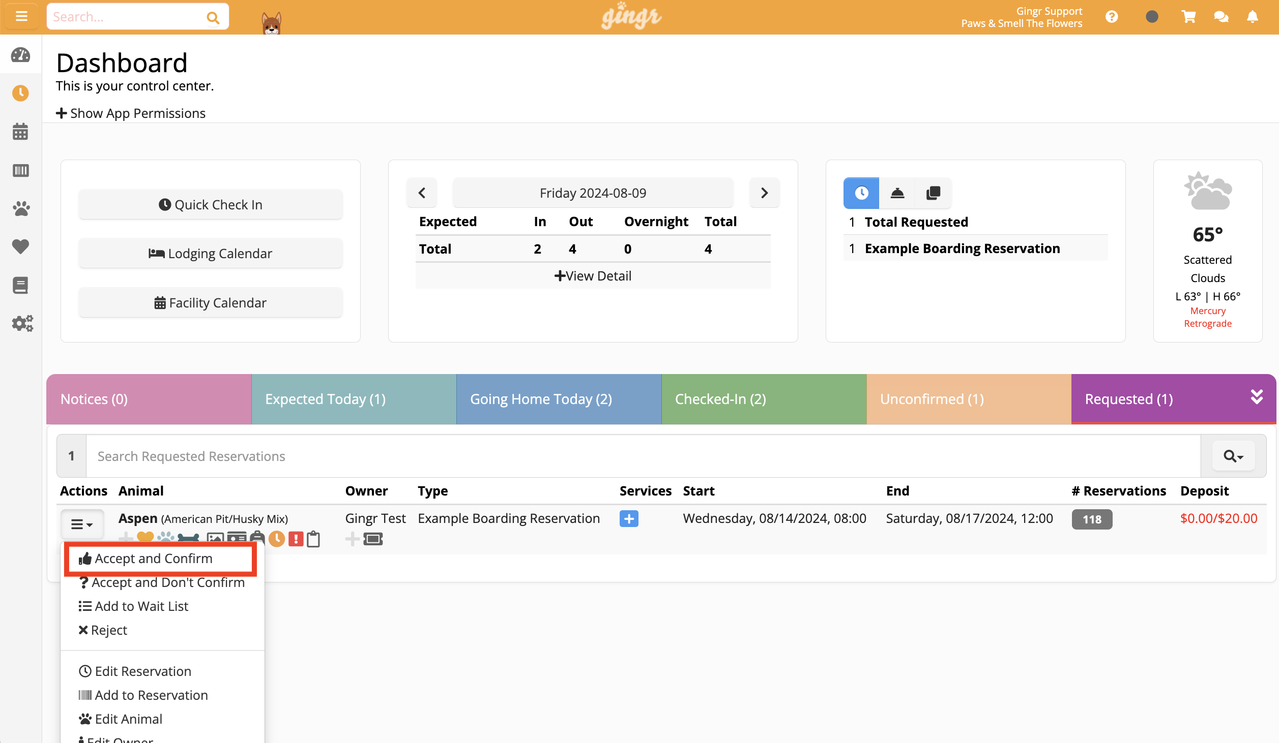 Dashboard with reservation details