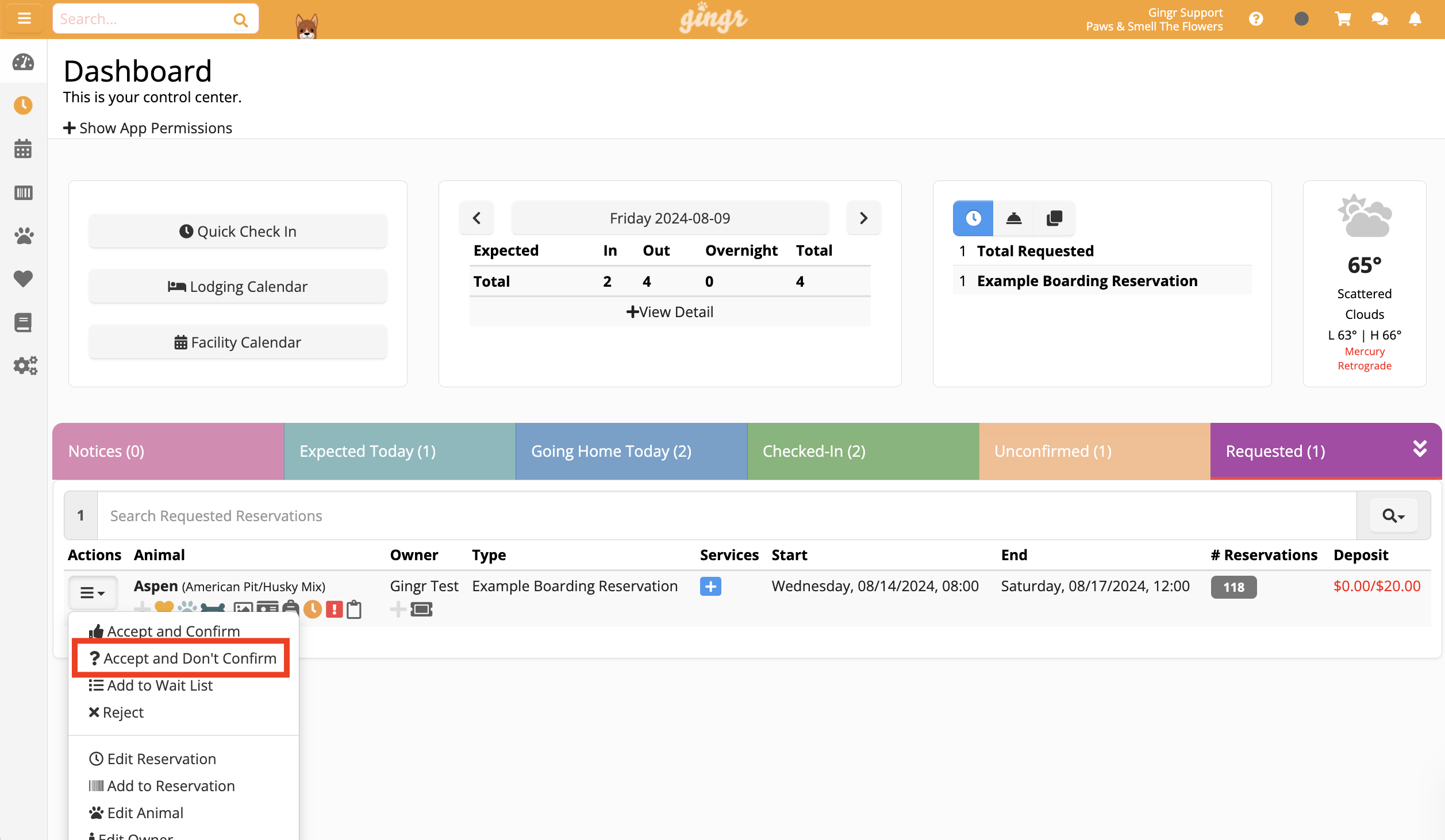 Dashboard with reservation details