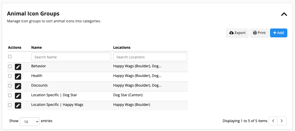 Animal Icon Groups management table