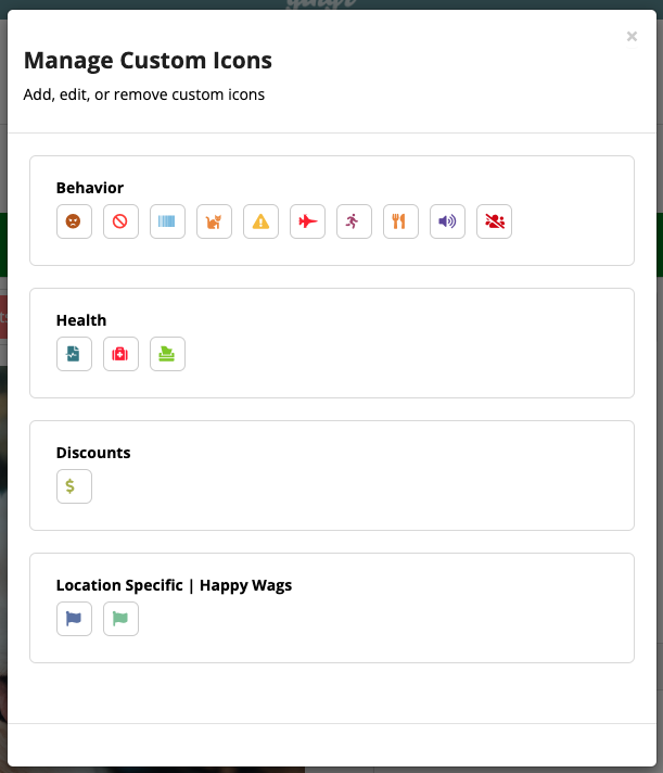 Custom icon management interface with categories.