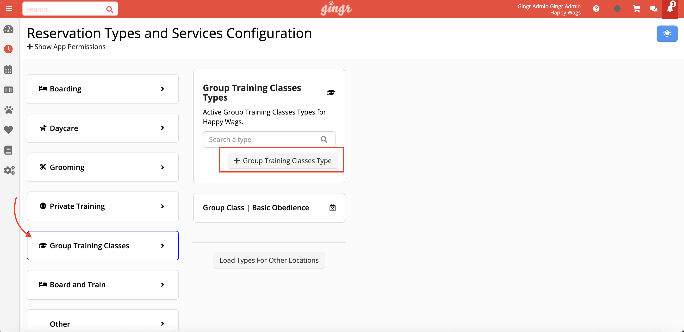 Reservation types configuration screen