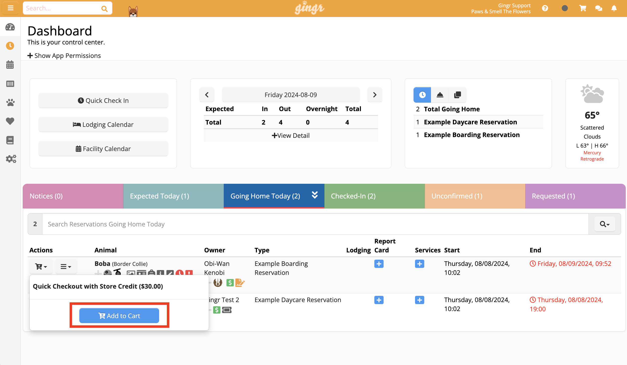 Dashboard with reservation details
