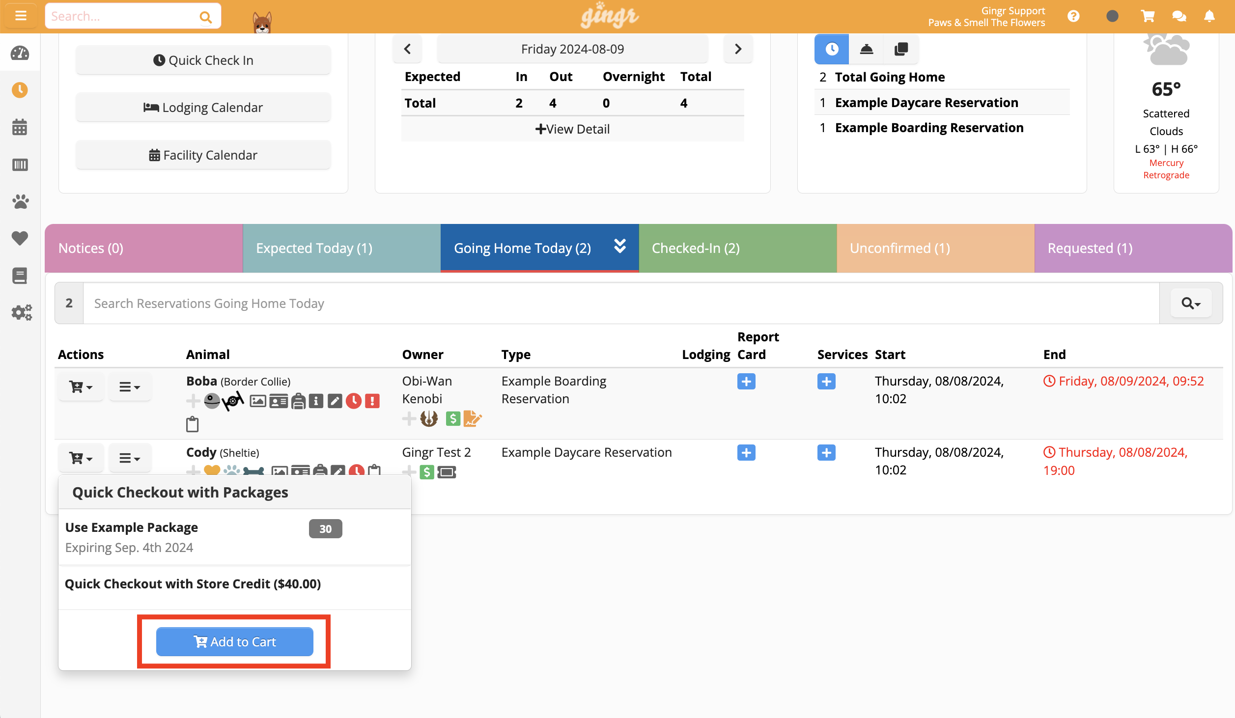 Reservation management interface screenshot