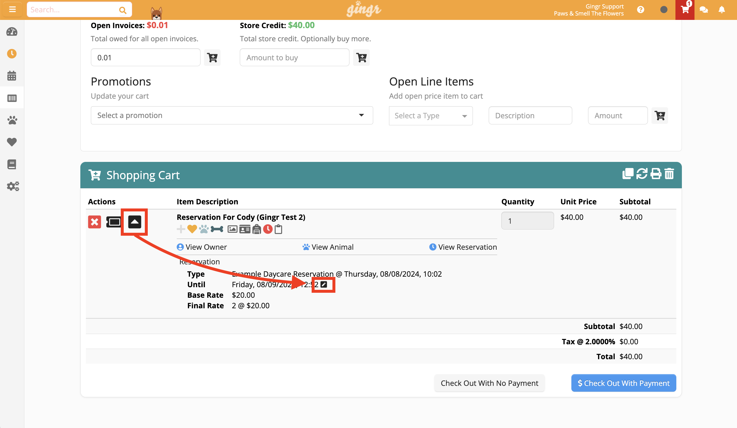 Shopping cart with reservation details