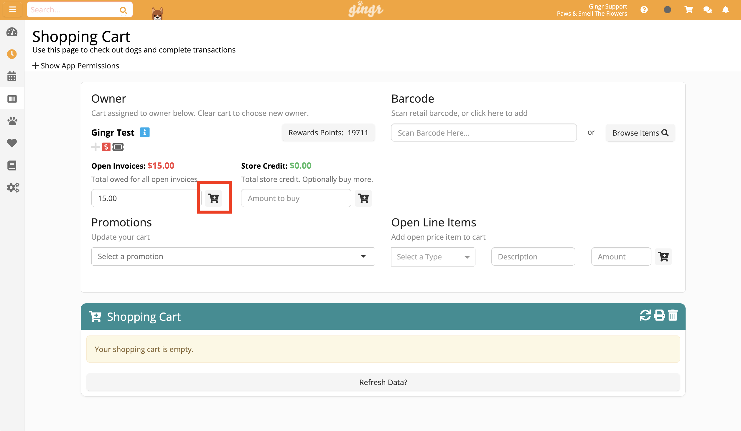 Shopping cart interface with invoice details.