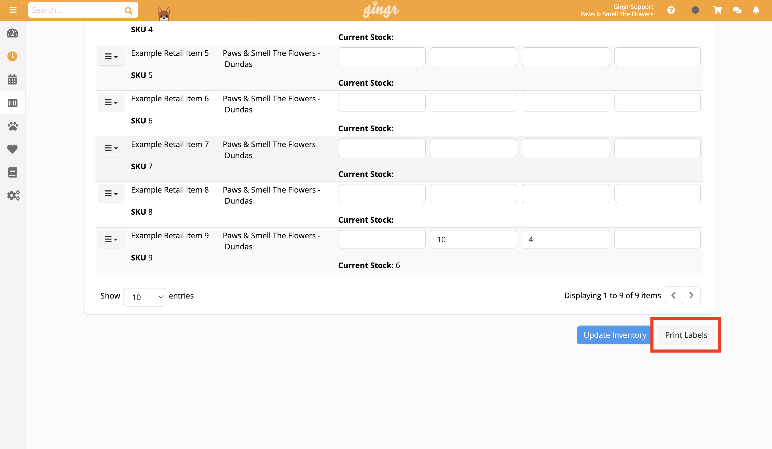 Inventory management screen with print labels button.