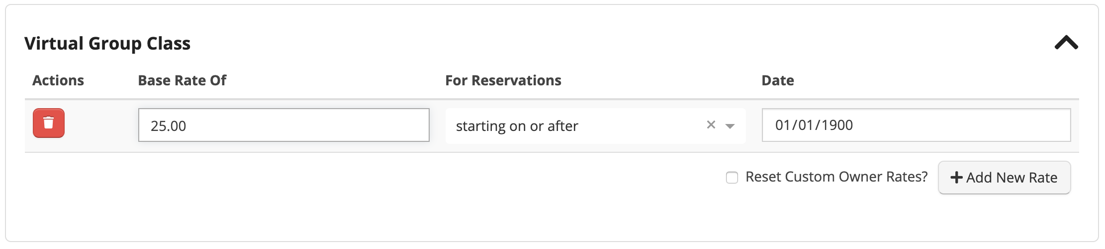 Virtual Group Class rate settings interface.