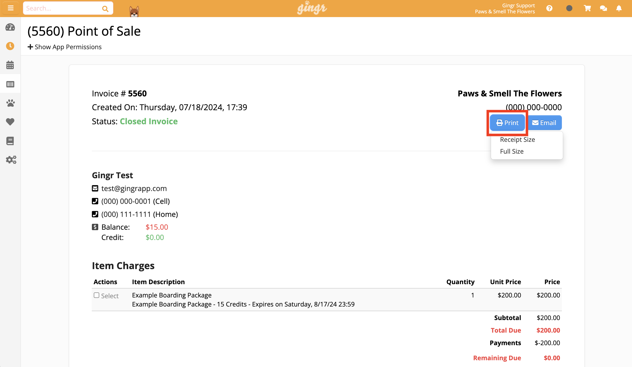Point of Sale invoice screen with print option.