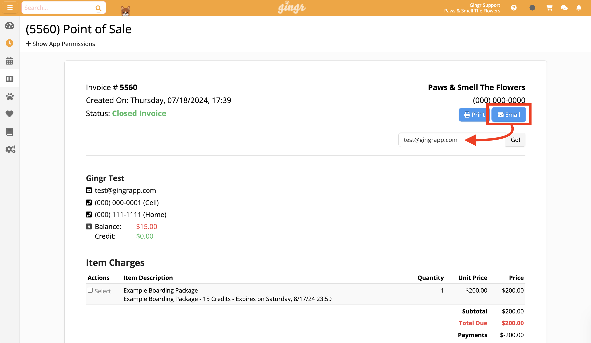 Invoice details with email option highlighted.