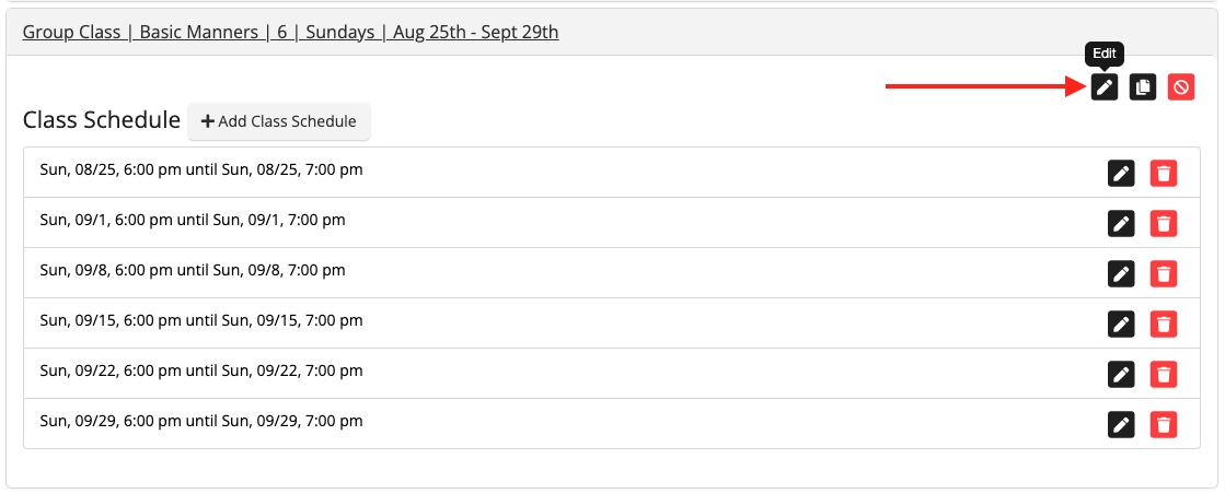 Class schedule list with edit icons.