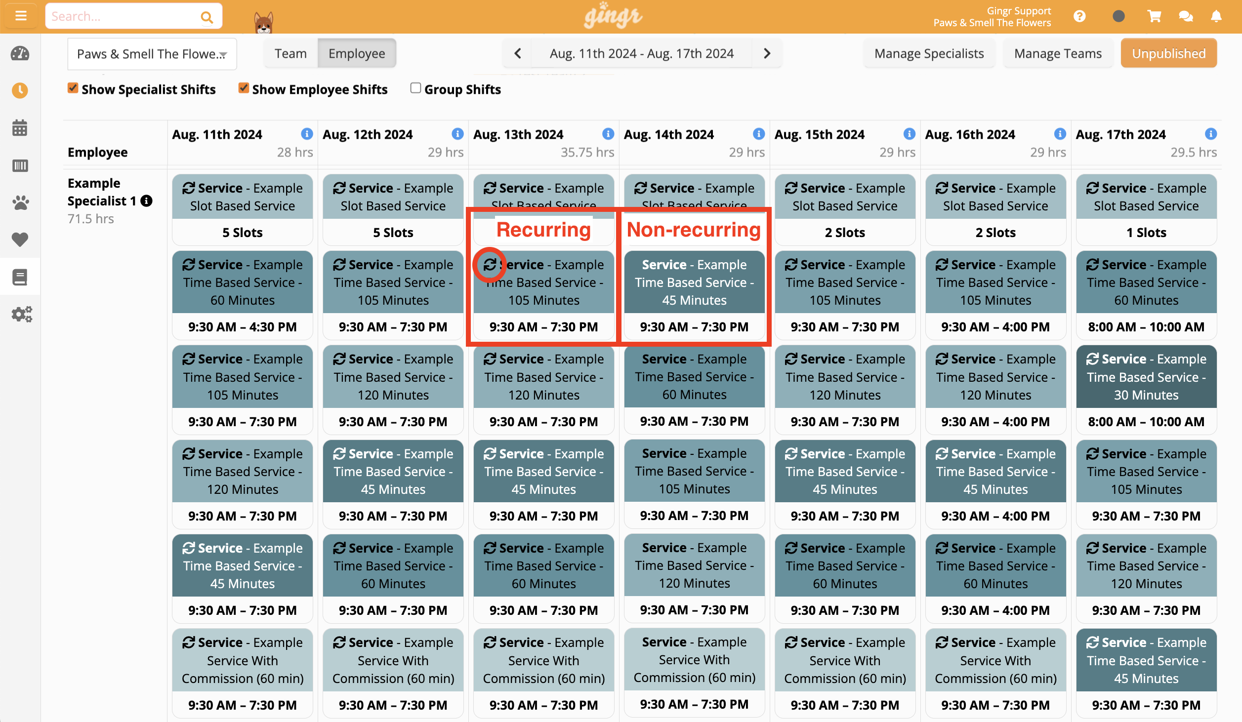 Service schedule with recurring and non-recurring slots.