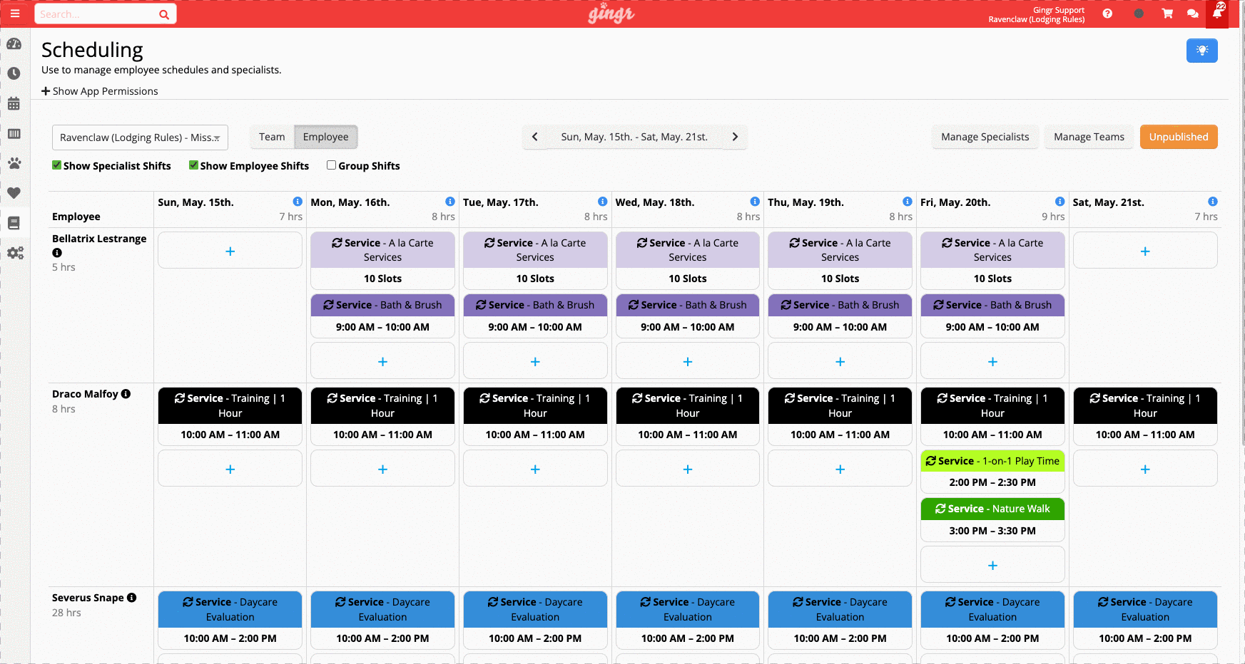 Employee schedule overview.