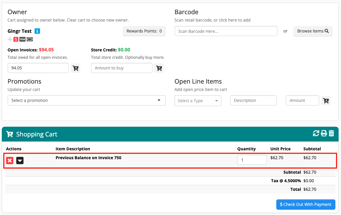 Shopping cart with invoice balance details.